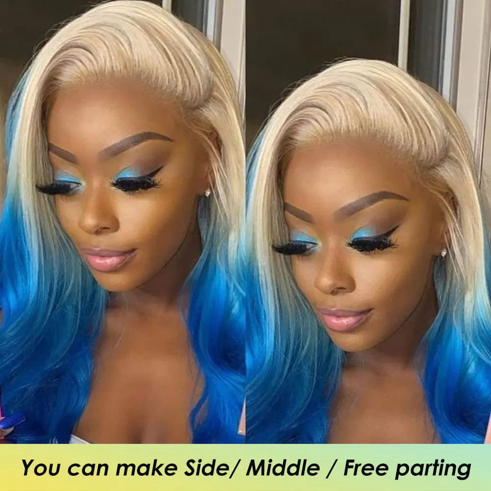 Mscathy Ombre Honey Blonde Blue Colored Brazilian Human Hair Lace Front Wig Bleached Knots Body Wave Remy Hair 180% Density 13x4 Lace Frontal Wigs For Women Party Vacation