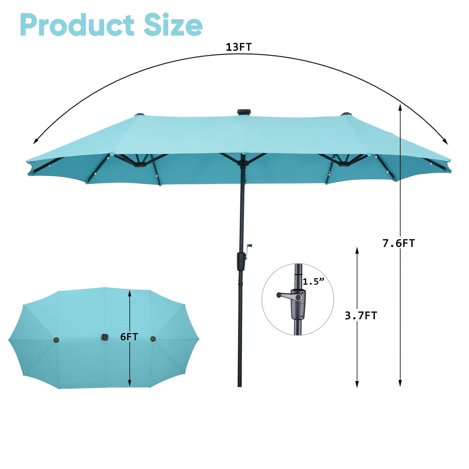 Ainfox 13ft Large Patio Umbrella with Solar Lights, Outdoor Double-Sided Rectangle Market Heavy Duty Umbrellas without Base,Blue