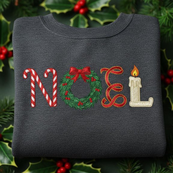 NOEL Embroidered Sweatshirt, Christmas Candy Cane Wreath Sweater, Holiday Candle Letter Crewneck, Festive Noel Embroidery Gift