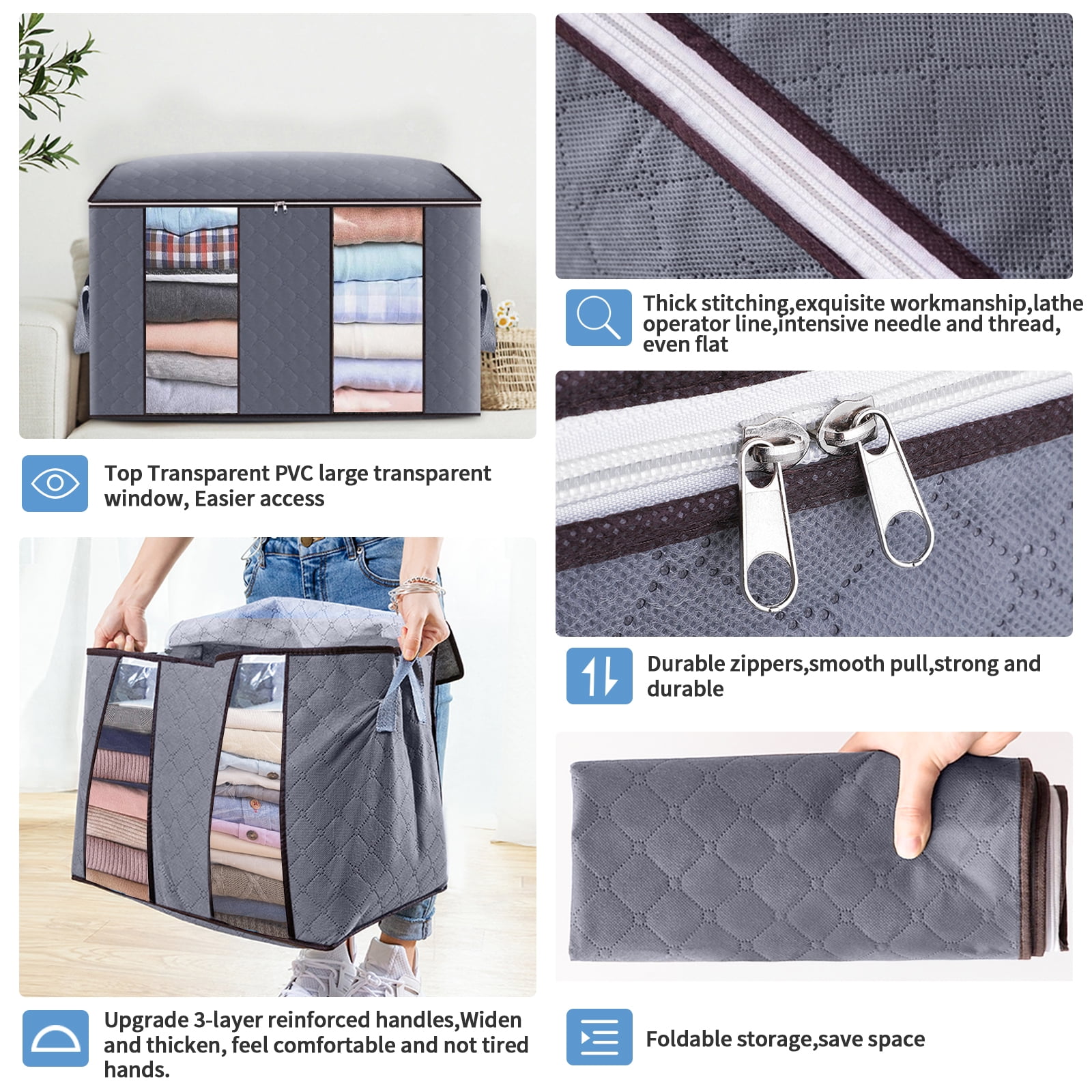 3-Pack Over-Sized Large Clothes Storage Bag Organizer - Grey, 9.5 Gal