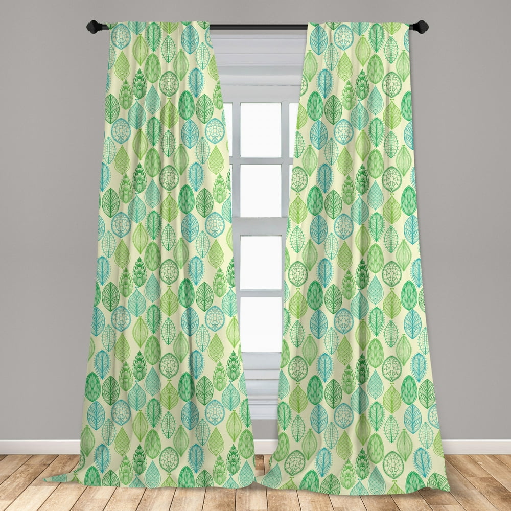 Nature Curtains 2 Panels Set, Hand Drawn Vintage Style Ornamental