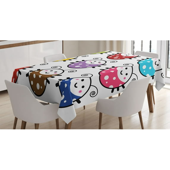 Ambesonne Cartoon Tablecloth Rectangular Table Cover, Smiling Ladybugs Set, 60"x84", Multicolor