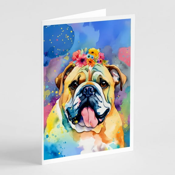 English Bulldog Hippie Dawg Greeting Cards Pack of 8 7 in x 5 in