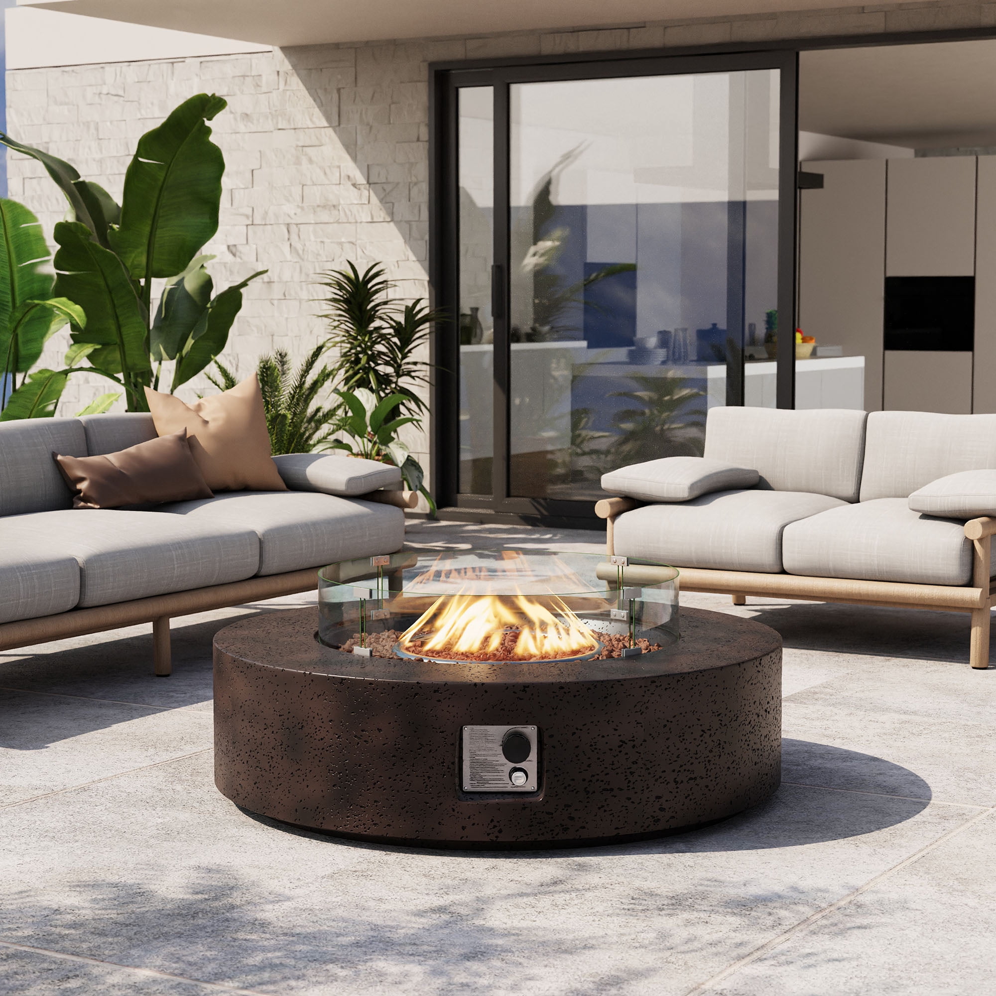 VENTOPYR 40.5-inch Outdoor Propane Fire Pit Coffee Table w Concrete Round Base Patio Heater, 50,000 BTU Stainless Steel Burner, Free Lava Rocks, Wind Guard, Rain Cover