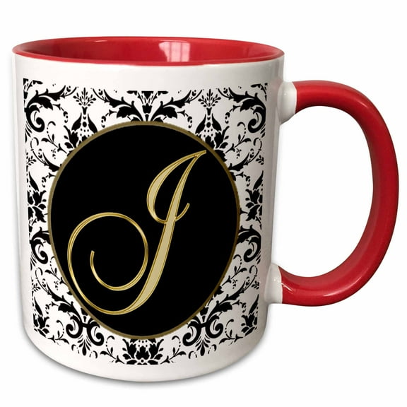 3drose, Image of the Script Letter J in Black White and Gold, 11oz Two-tone Red Mug