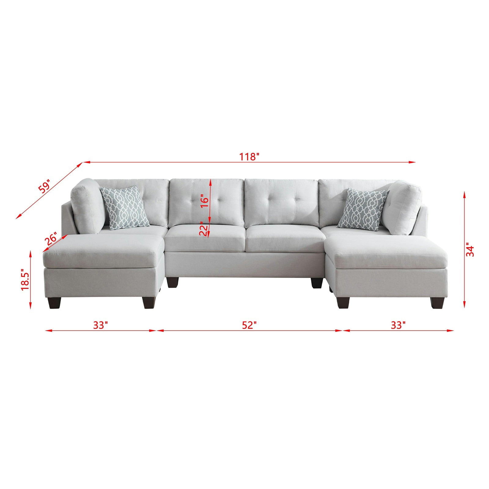 Hommoo U-Shaped Upholstered Modular Sectional Sofa, Double Chaise Corner Sofa Couch, Living Room Sofa Set for Home, Light Gray
