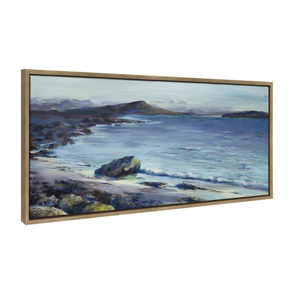 Kate and Laurel Sylvie From Here Everything is Beautiful Framed Canvas Wall Art by Nel Whatmore, 18x40 Gold, Beach Mountain Landscape Art for Wall Home Decor