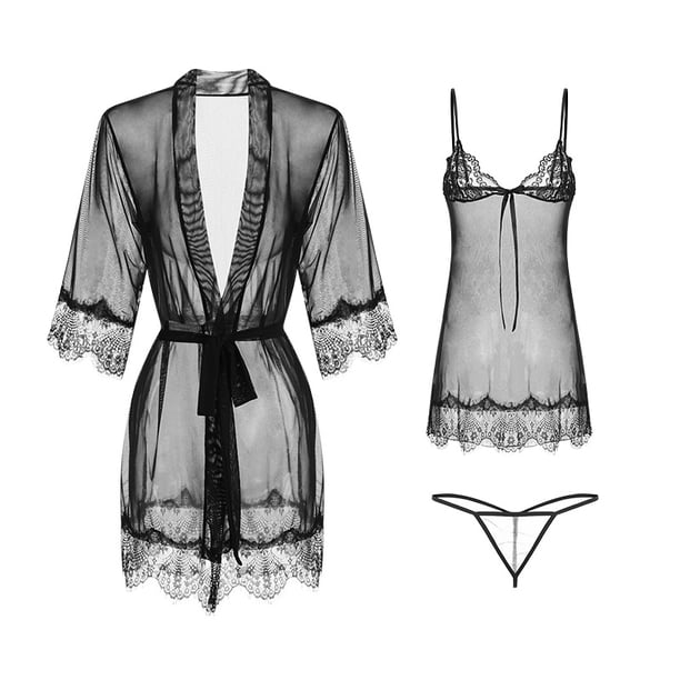 Camisón de encaje sexy con tirantes y lazo seductor, bata con cordones, ropa de casa, traje
