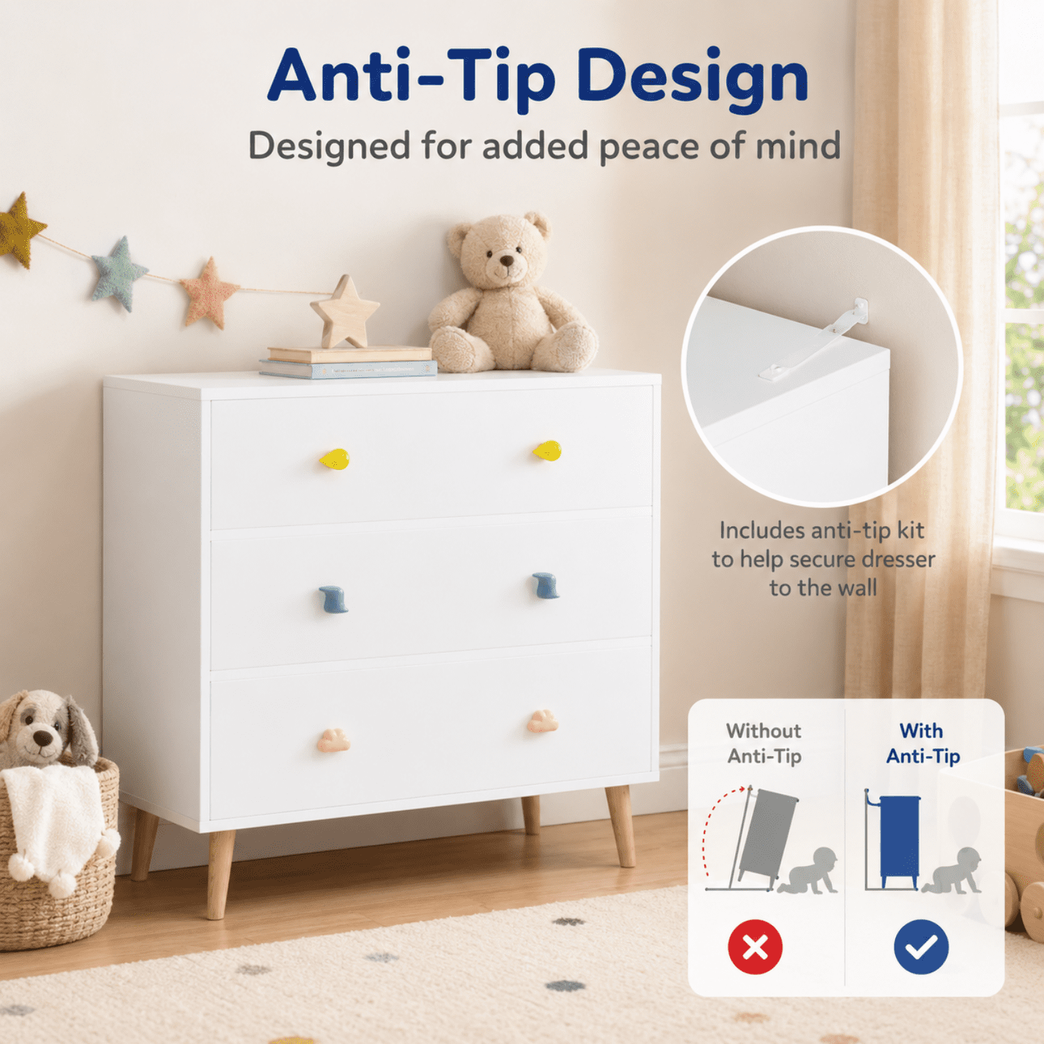 Miniyam Drawer Dresser with Glides & Safety Design for Kids Bedroom, White