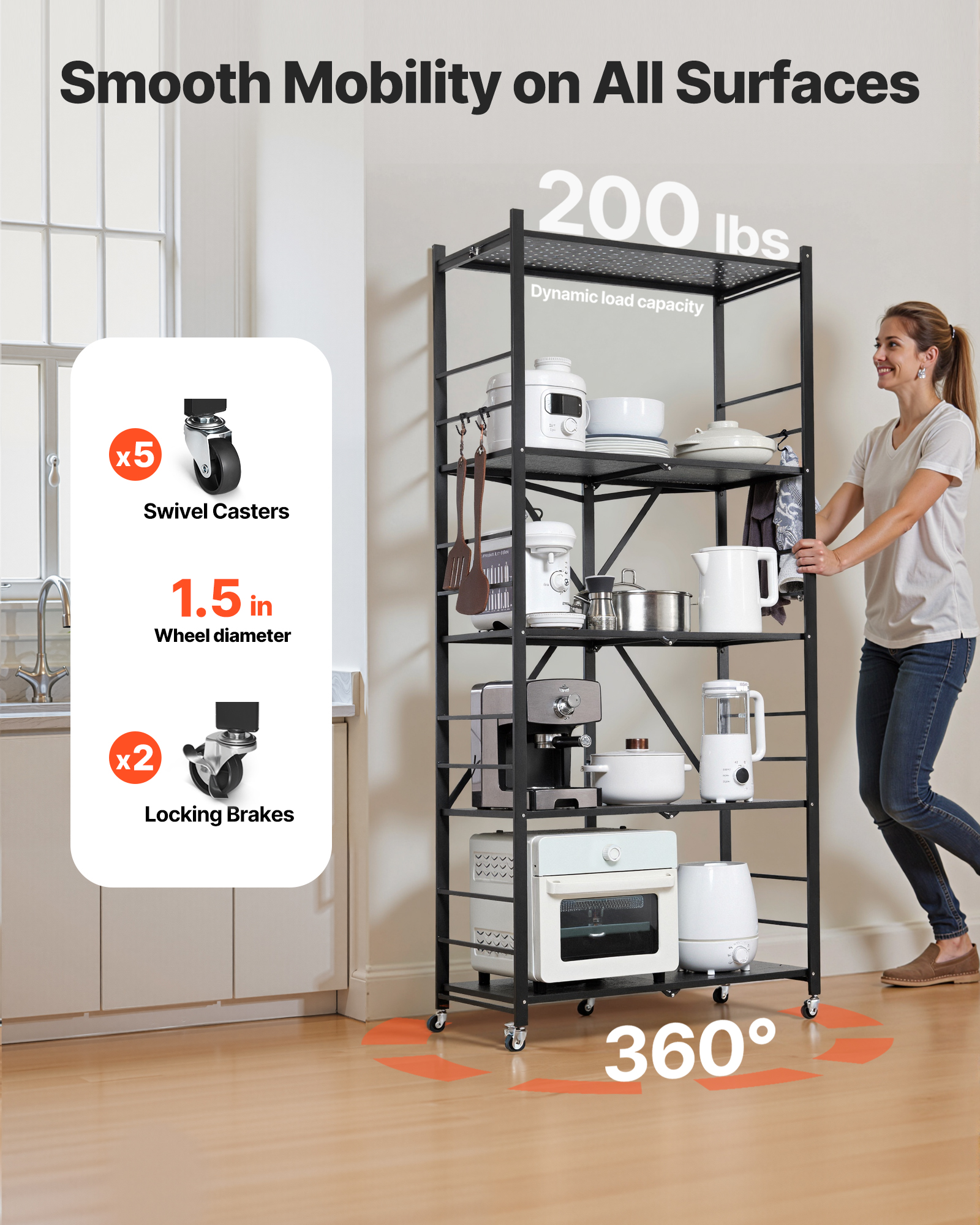 VEVOR 5-Tier Foldable Storage Shelf, 32W x 14D x 72H Inch Folding Metal Rack Shelving Unit, No Assembly Organizer Shelf with 5 Wheels & 4 Hooks for Pantry, Kitchen, Garage, Basement, Black