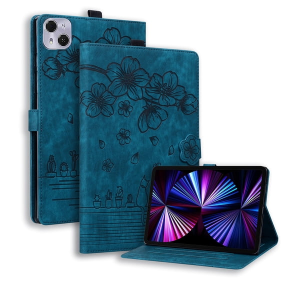 FJLBDE Case for Tecno MEGAPAD Pro 12 Inch 2025 with Stand, Card Slot, Embossed Flower PU Leather Folio Magnetic Cover with Pen Holder, Blue