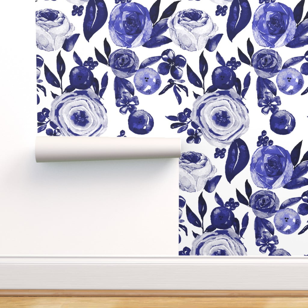 Peel-and-Stick Removable Wallpaper Navy Watercolor Blooms Floral Modern