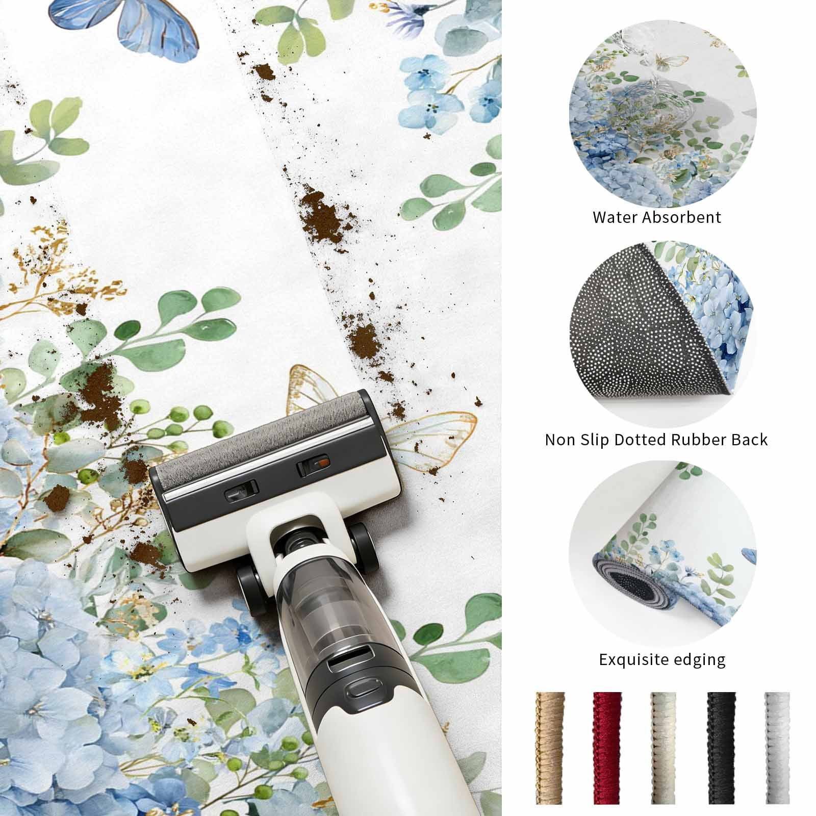 6x9 Area Rugs for Living Room, Blue Hydrangea Non Slip Area Rugs for Kitchen Bedroom Entryway, Spring Summer Eucalyptus Leaves Butterfly Washable Carpet Runner Rug Floor Mats for Bedroom Home Decor