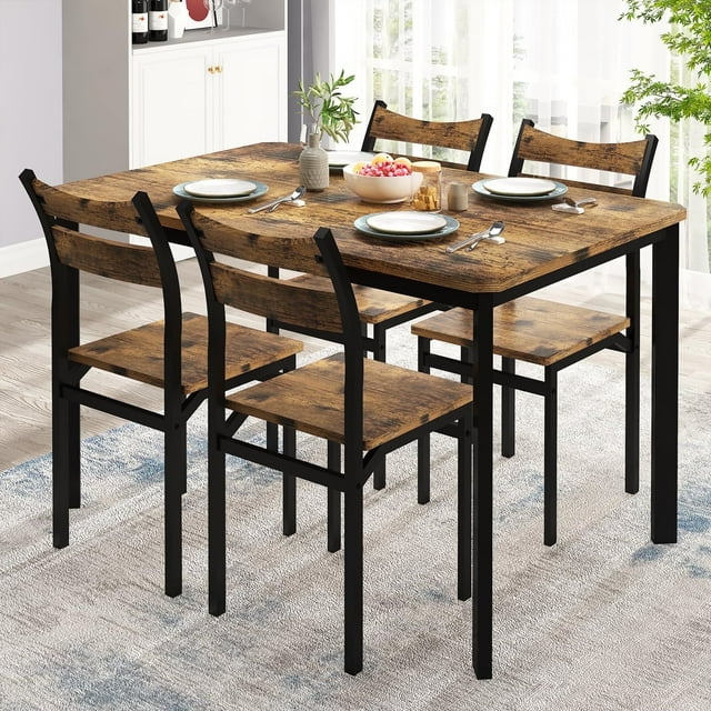Lamerge 47'' 4 Person Dining Table Set, Rustic Solid Wood Kitchen Dining Table and Chairs 4 Piece Set for Small Spaces, Apartment Kitchens and Dining Rooms, Breakfast Corner. (Rustic Brown)