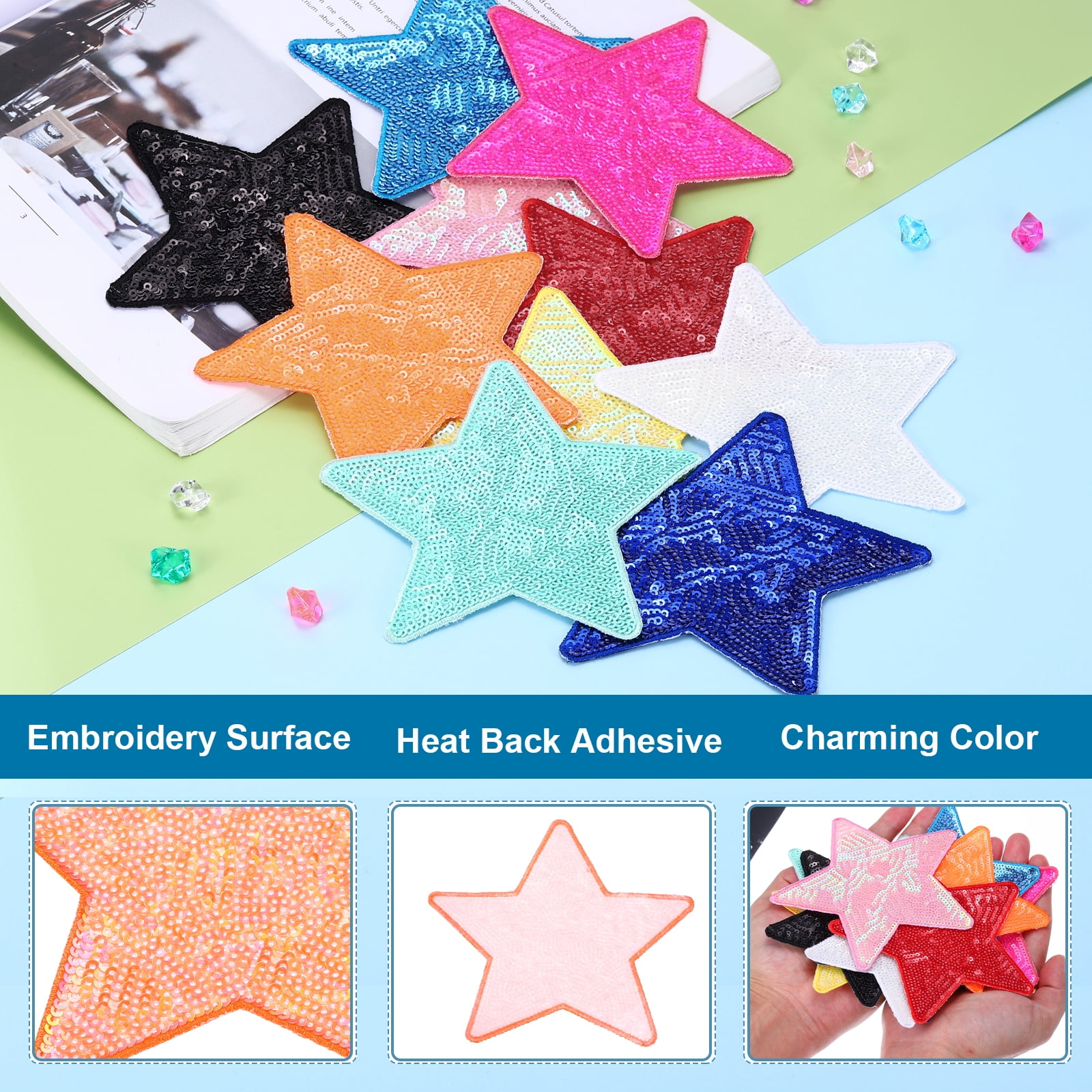 Uxcell Sequin Star Iron on Patches, Embroidery Sequin Patches for Clothing Repair Backpack Shoes Decorations Orange 5 in