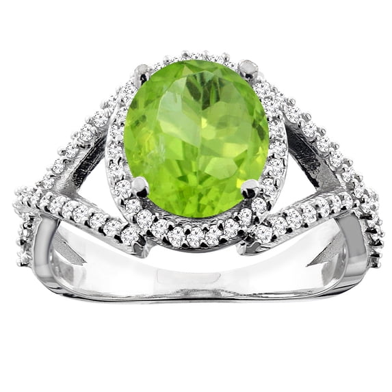 10K White Gold Natural Peridot Ring Oval 9x7mm Diamond Accent, size 10