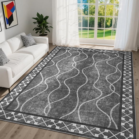Alfombra Dweike 183x274 cm Antideslizante de Pelo Bajo Negro Gris