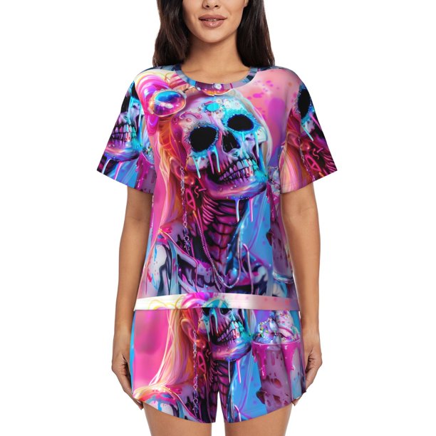 Fotbe Neon Skull With Milkshake Conjunto de Pijama Estampado para Mujer, 2 Piezas, Ropa de Dormir con Camiseta de Manga Corta y Shorts Suaves-Small