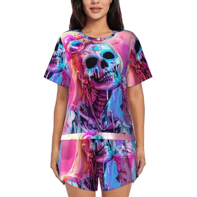 Fotbe Neon Skull With Milkshake Conjunto de Pijama Estampado para Mujer, 2 Piezas, Ropa de Dormir con Camiseta de Manga Corta y Shorts Suaves-Large