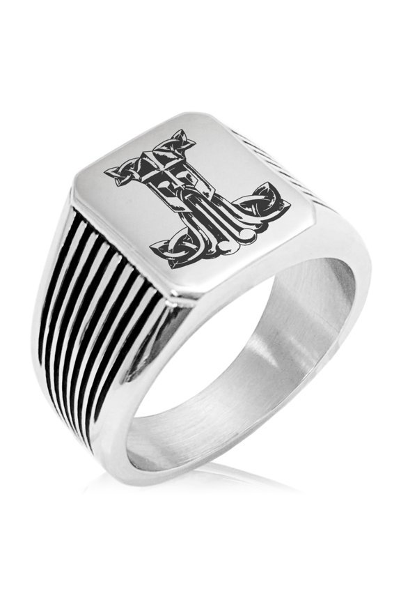 Stainless Steel Thor's Hammer Mjolnir Celtic Viking Rune Needle Stripe Pattern Biker Style Polished Ring