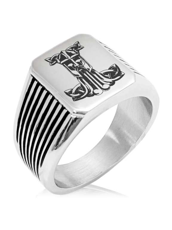 Stainless Steel Thor's Hammer Mjolnir Celtic Viking Rune Needle Stripe Pattern Biker Style Polished Ring