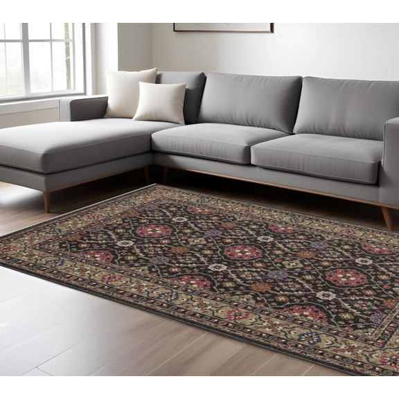HomeRoots 574926 10 x 13 ft. Oriental Rectangle Area Rug with Fringe, Charcoal & Pink