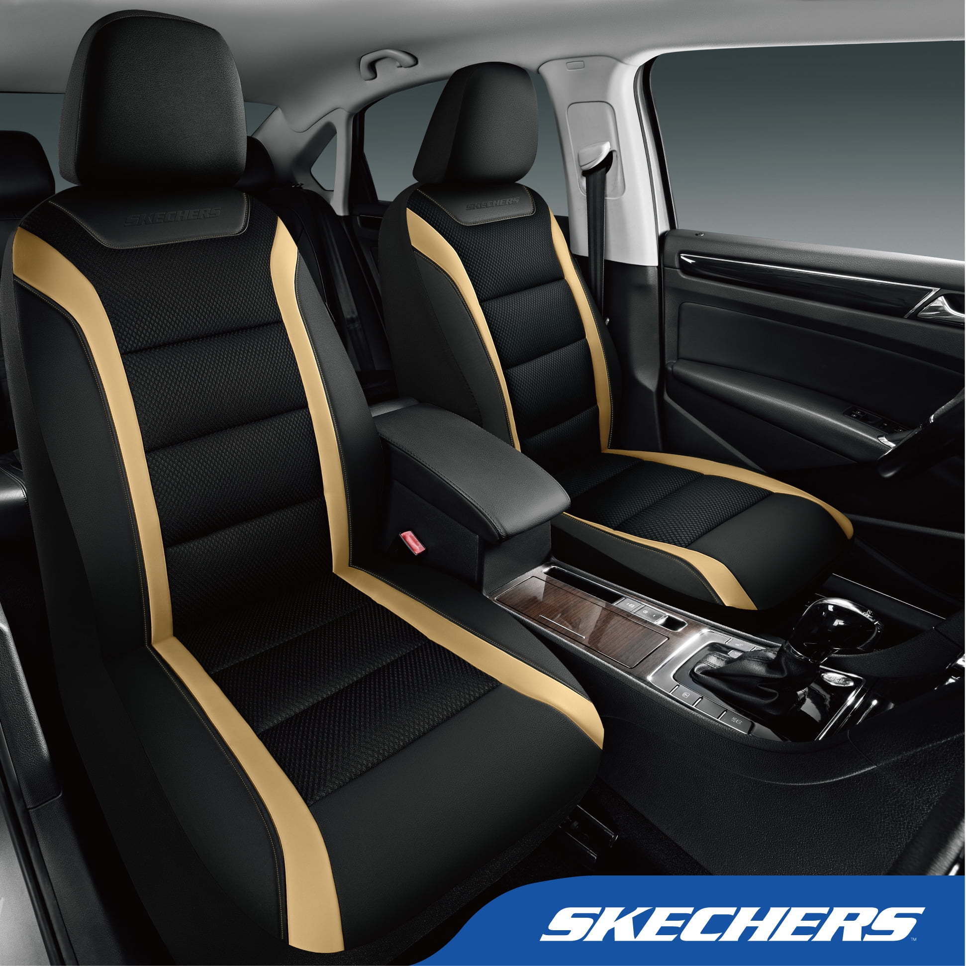 Skechers Leather Mesh Full Set Car Seat Cover – Premium Comfort with Breathable Mesh Panels, Durable Leather Construction, Universal Fit for Cars, Trucks, and SUVs - Beige