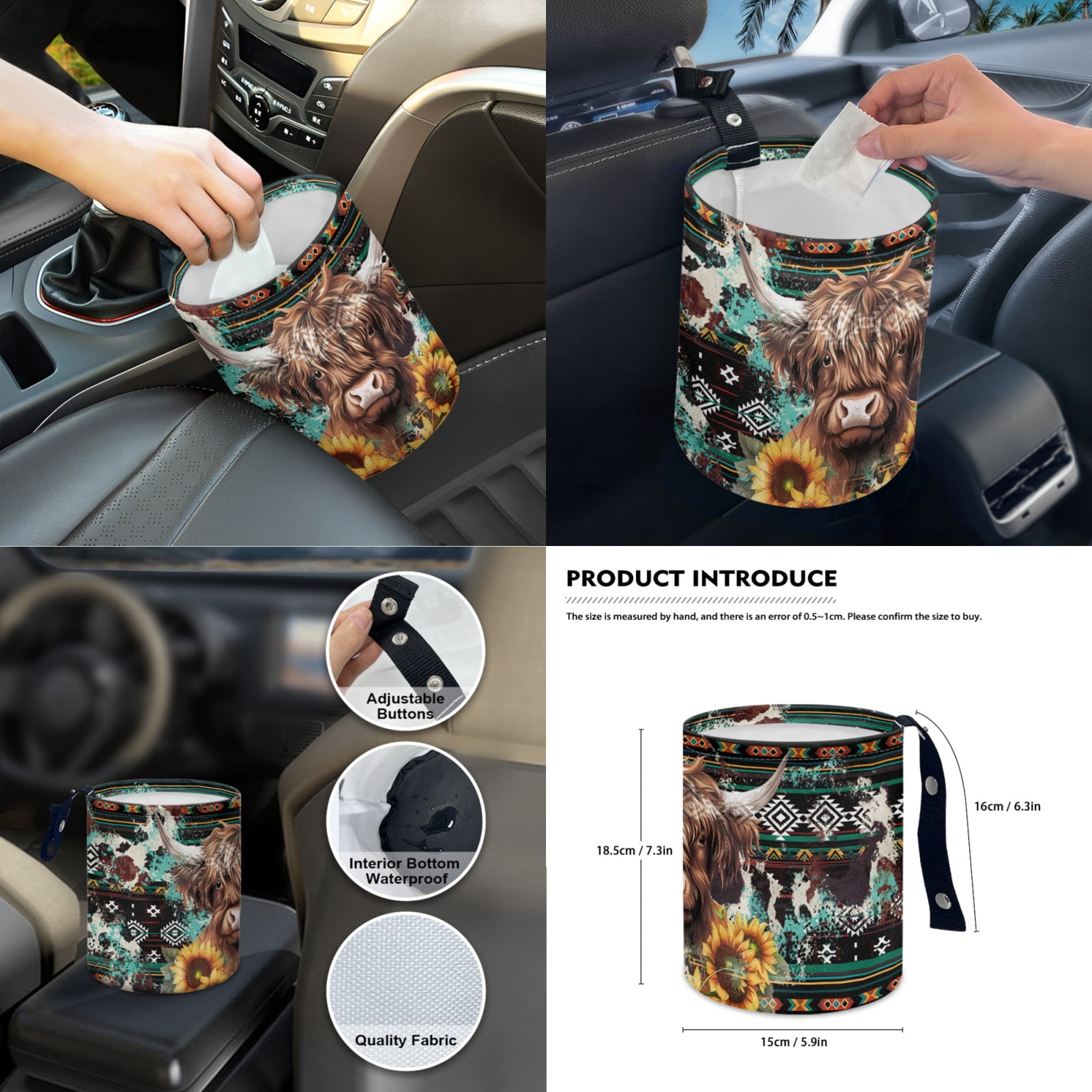Renewold American Tribal Highland Cow 14 PCS Car Seat Cover Full Set, with Steering Wheel Cover Auto Seatbelt Pads Coaster Trash Can Rear View Mirror Armrest Cover Coasters Gear Shift Knob Cover Set