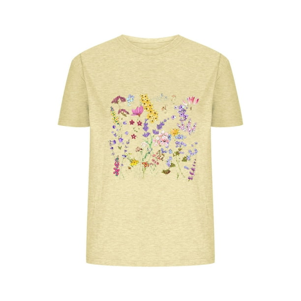 Camisetas de Verano de Mujer Pequeña Flor Impresa Cuello Redondo Manga Corta Superior, Verano Superior de las Mujeres