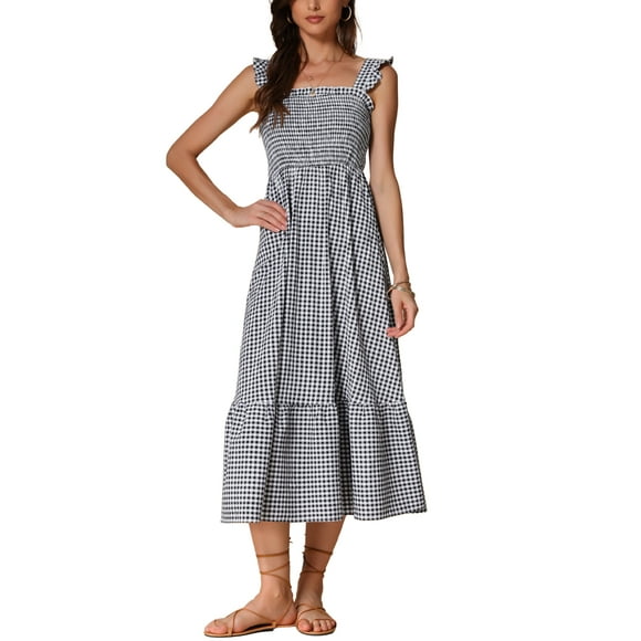 INSPIRE CHIC Gingham Dress for Women's Summer Sleeveless Flowy A-Line Tiered Hem Smocked Maxi Dress S Black