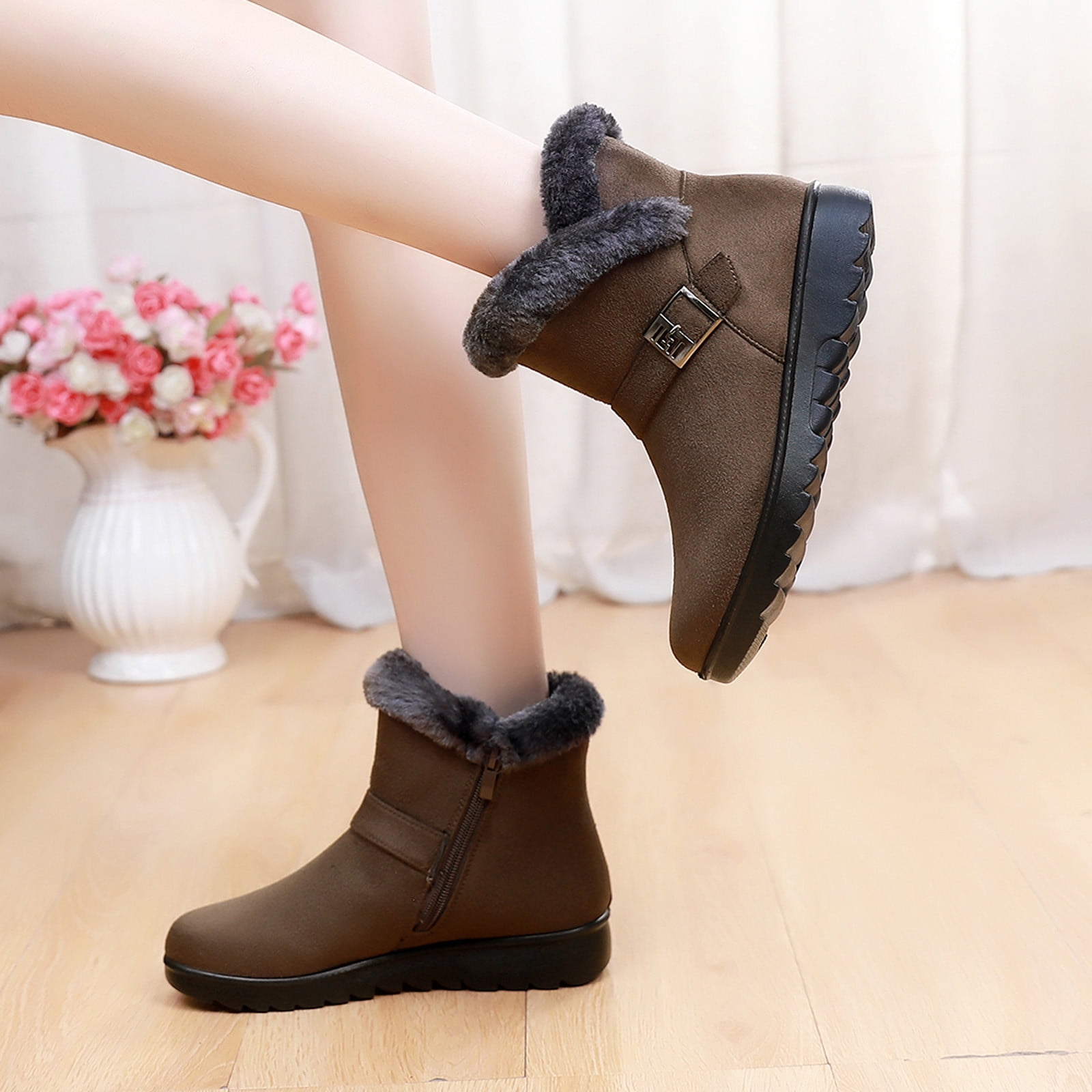 VERUGU Women's Hiking Boot, Snow Boots Winter Flat Shoes Slip On Ankle Booties Anti-Slip Water Resistant Fully Fur Lined Outdoor Sneakers Warm Cotton Shoes