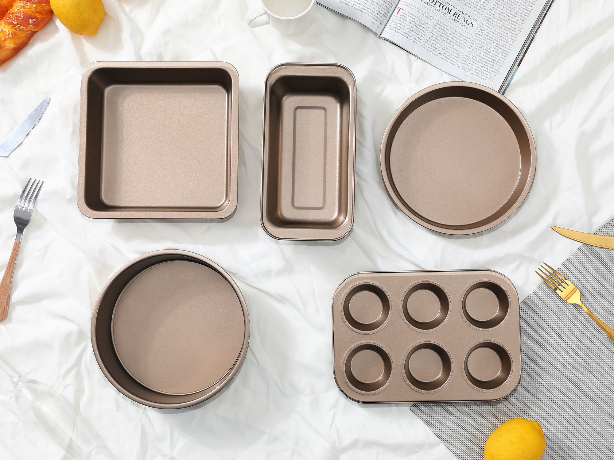 Unique Bargains Nonstick Bakeware Set Baking Pans Set Gold 5 Pcs