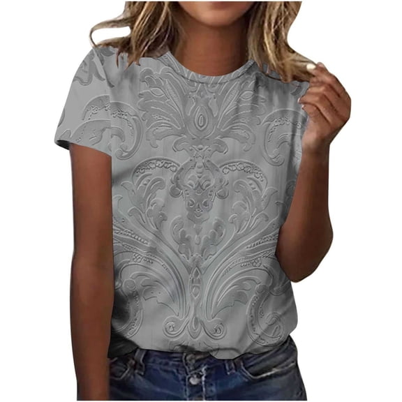 Cmfcve Summer Shirts for Women Round Neck Button Tunic Blouse Short Sleeves Printed Vacation Tee Shirt