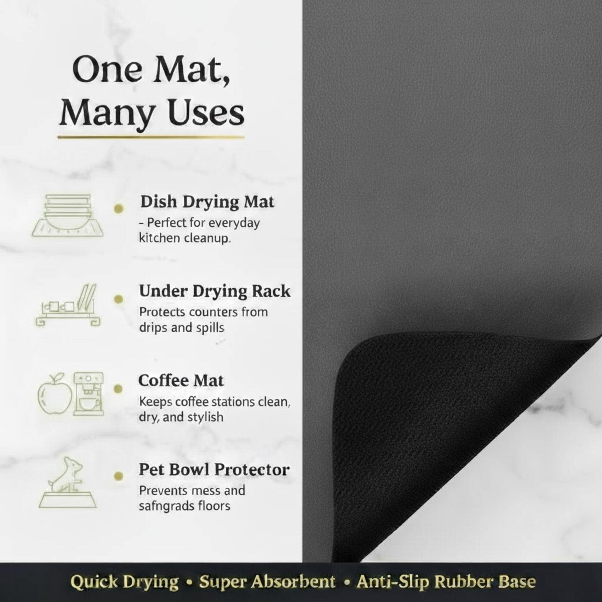 STRABELLA: Dish Drying Mat - 24x16", Dark Gray - Super Water Absorbent, Quick Dry Foam, Multi-Purpose, Kitchen Countertops, Non-Slip, Machine Washable
