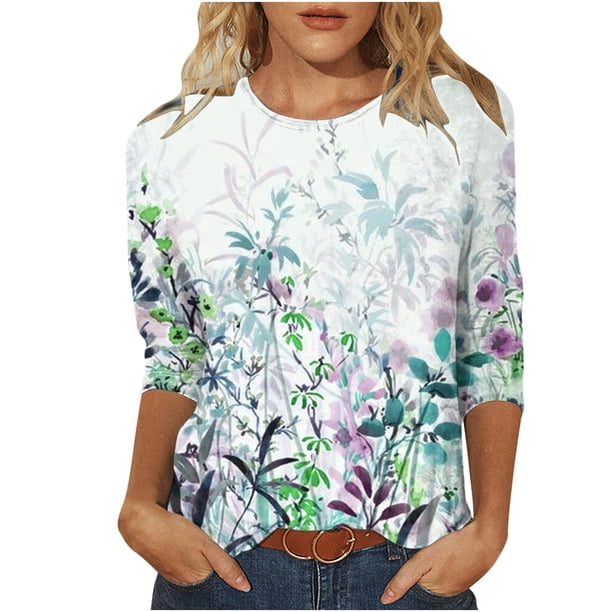 Camisetas de Manga Corta para las Mujeres Retro Cuello Redondo Pascua Impreso Suelto Top, Ligero Poliéster 3/4 Camiseta de Manga para el Desgaste Casual, Diario Y de Primavera