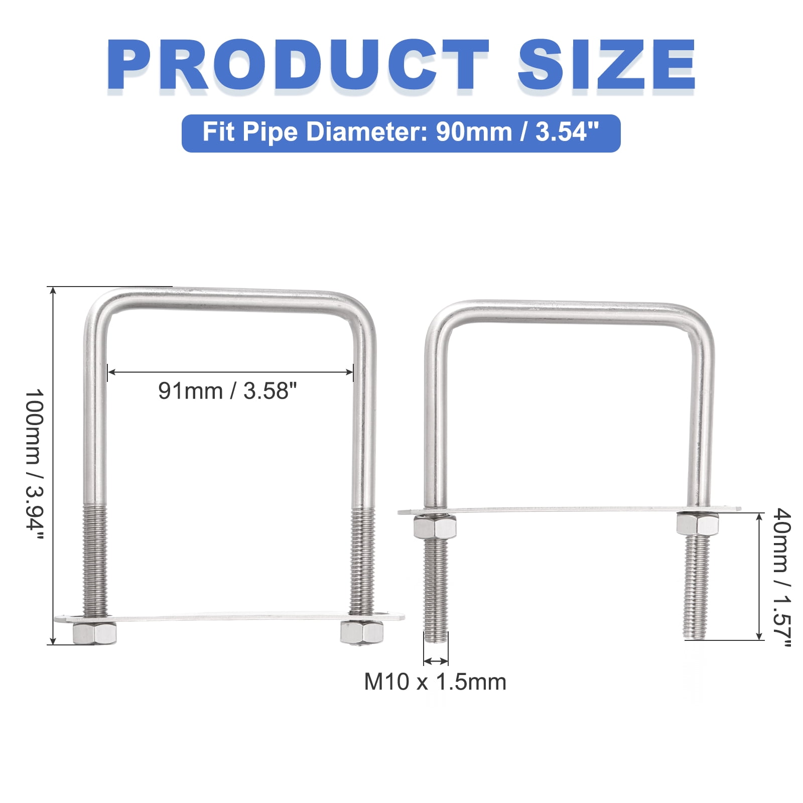 Uxcell 2 Sets M10 Square U-Bolts, 3.58" Inner Width 3.94" Length 304 Stainless Steel U Clamp Bolts with Nuts, Plates and Wrench