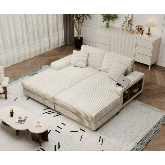 Aukfa 79.5" Oversized Double Chaise Lounges Sofa, Plush Corduroy Sectional with Storage Armrests, Memory Foam Loveseat Sleeper Sofa Couch for Living Room/Bedroom, Beige