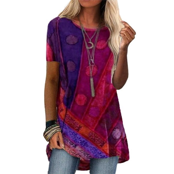 LYD, camisetas tipo túnica de manga corta de verano para mujer, camisetas con estampado Vintage de dobladillo alto y bajo, Jersey holgado LYD las mujeres de manga corta
