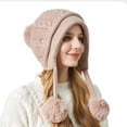 thumbnail image 4 of Women Winter Sherpa Beanie Hats Knit Ear Flaps Peruvian Cover Ears Fleece Lined Fluffy Ski Snow Hat 3 Pompoms, 4 of 5