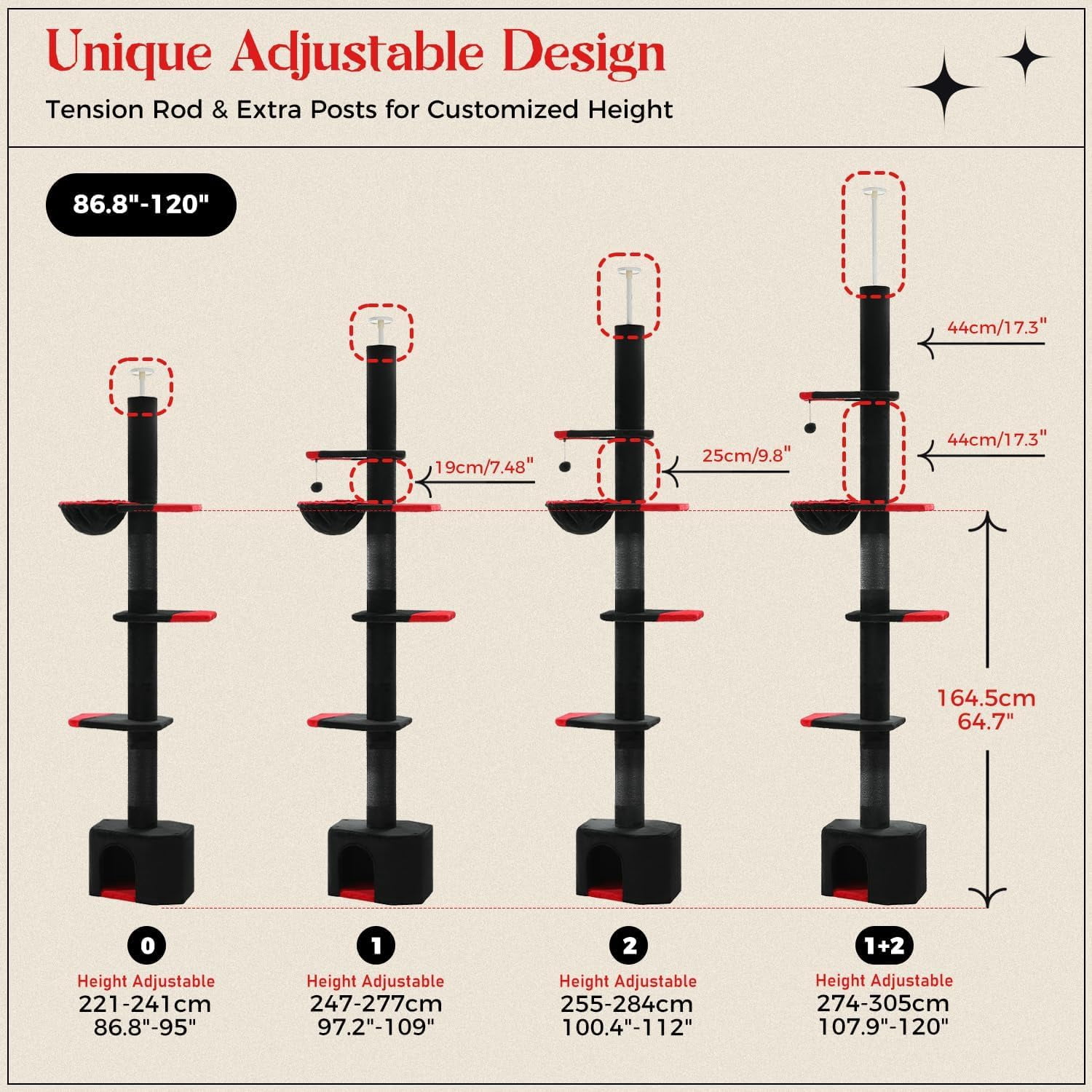Gothic Cat Tree, Floor to Ceiling Cat Tower with Adjustable Height (86.8-120 Inches), 5 Tiers Black Cat Condo with Cozy Hammock, Fully Scratching Posts and Dangling Balls for Indoor Cats