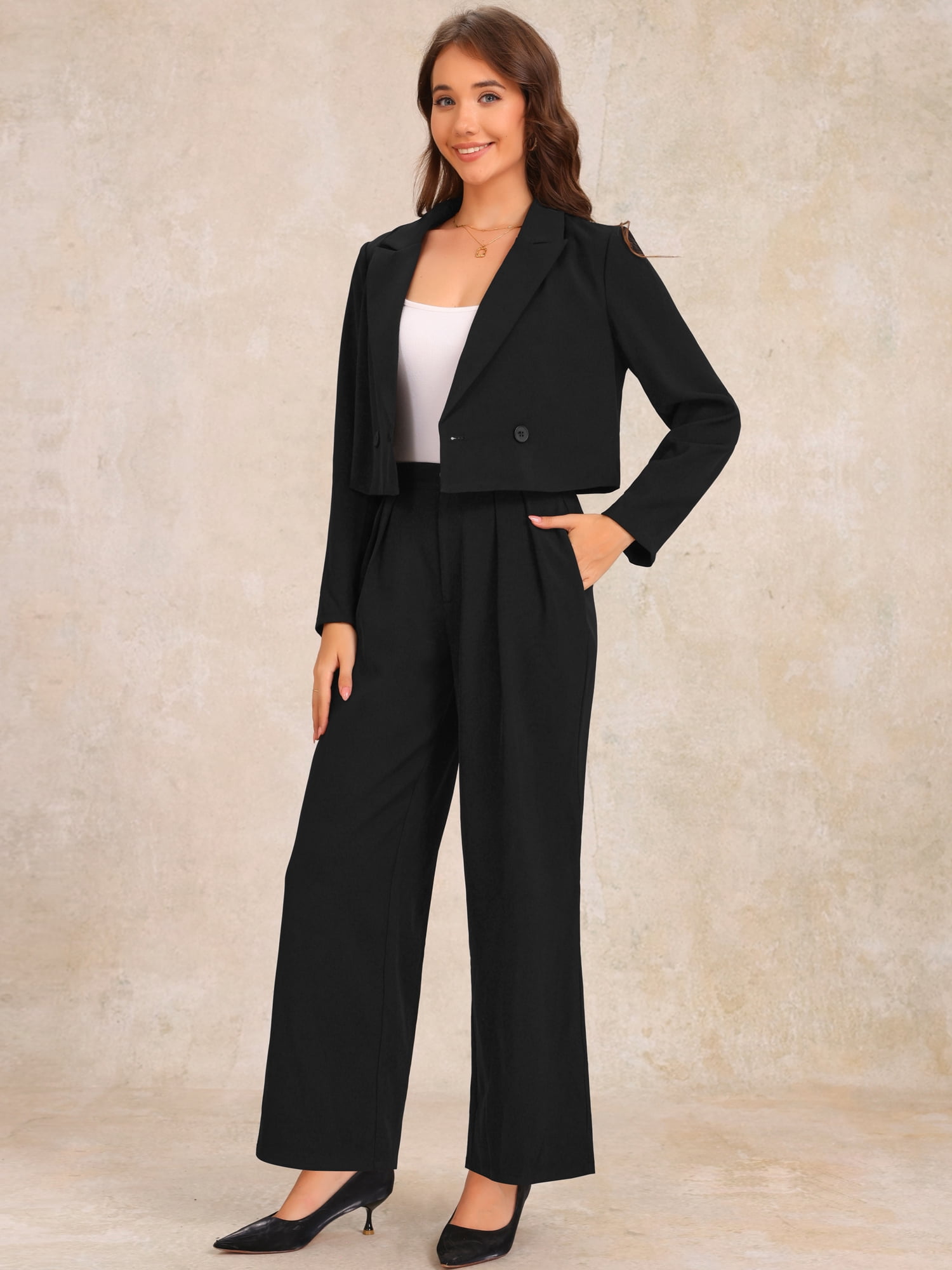 DARING DIVA Women's 2 Pcs Notched Lapel Jacket Wide Leg Pant L Black