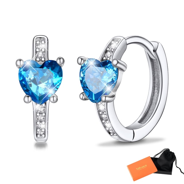 Pendientes de aro de plata de ley con piedras natales Silvora para mujer. Diamantes creados. Delicada joya de regalo para cumpleaños o Navidad