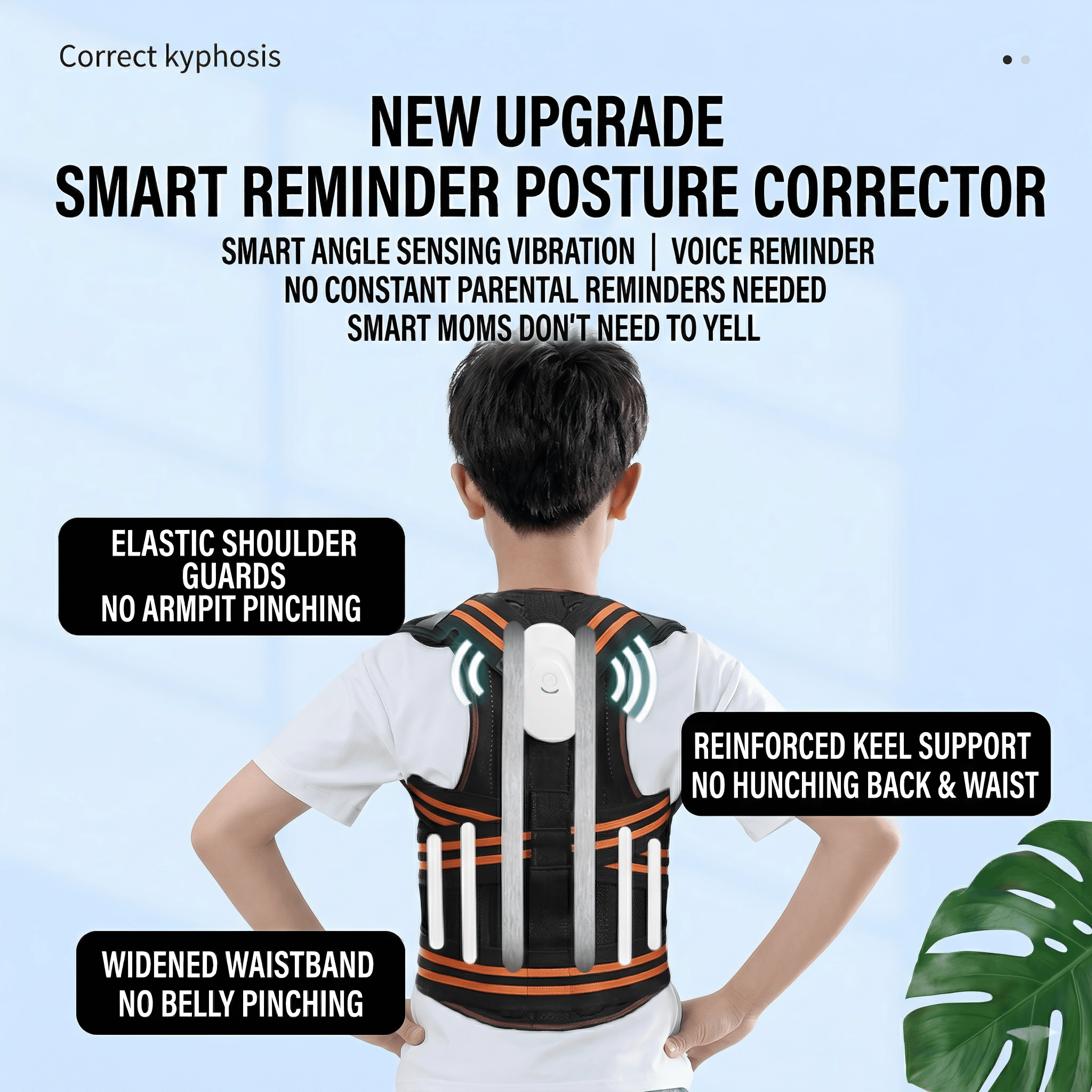 Smart Posture Corrector for Kids and Teens, Adjustable Back Support Belt with Fiberglass Keel & Spring Support, Ergonomic Spine Brace for Hunchback, Scoliosis, & Myopia Prevention – Size M, Black