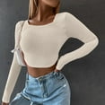 thumbnail image 4 of WREESH Womens Fashion Crop Tops Square-Neck Solid Color Knit Slim Long Sleeve Blouse Tops Beige, 4 of 7