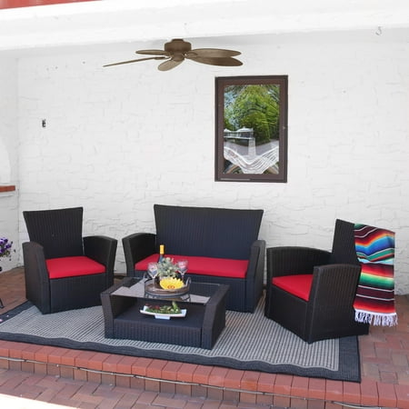 Outdoor Timber Furniture Brisbane Sunnydaze Brisbane 4-Piece Patio Furniture Set, Outdoor Rattan Deck Conversation Set - Includes Loveseat, Chairs, Table, and Cushions ()