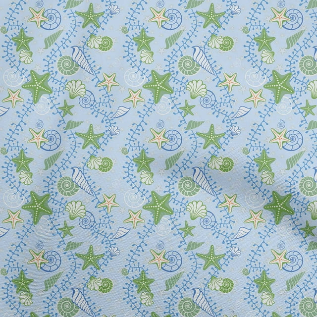 oneOone Rayon Dusty Blue Fabric Beach Seashell Sewing Craft Projects Fabric Prints By Yard 56 Inch Wide