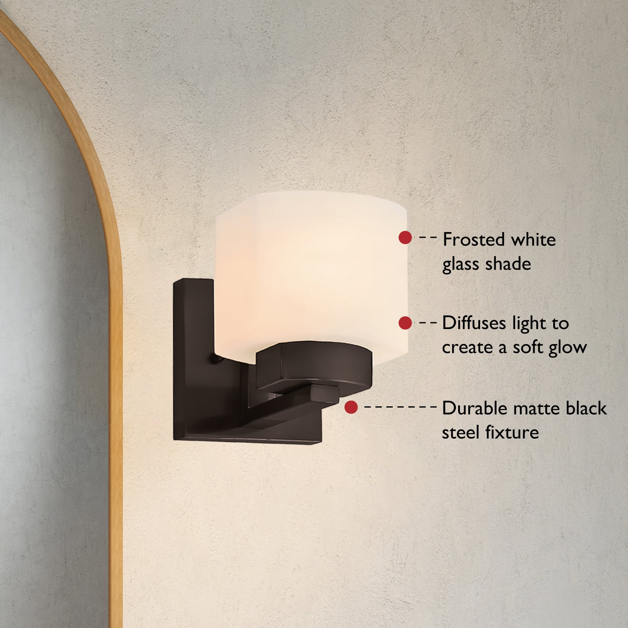 Design House Dove Creek 1-Light Dimmable Wall Light with Frosted Glass, Matte Black