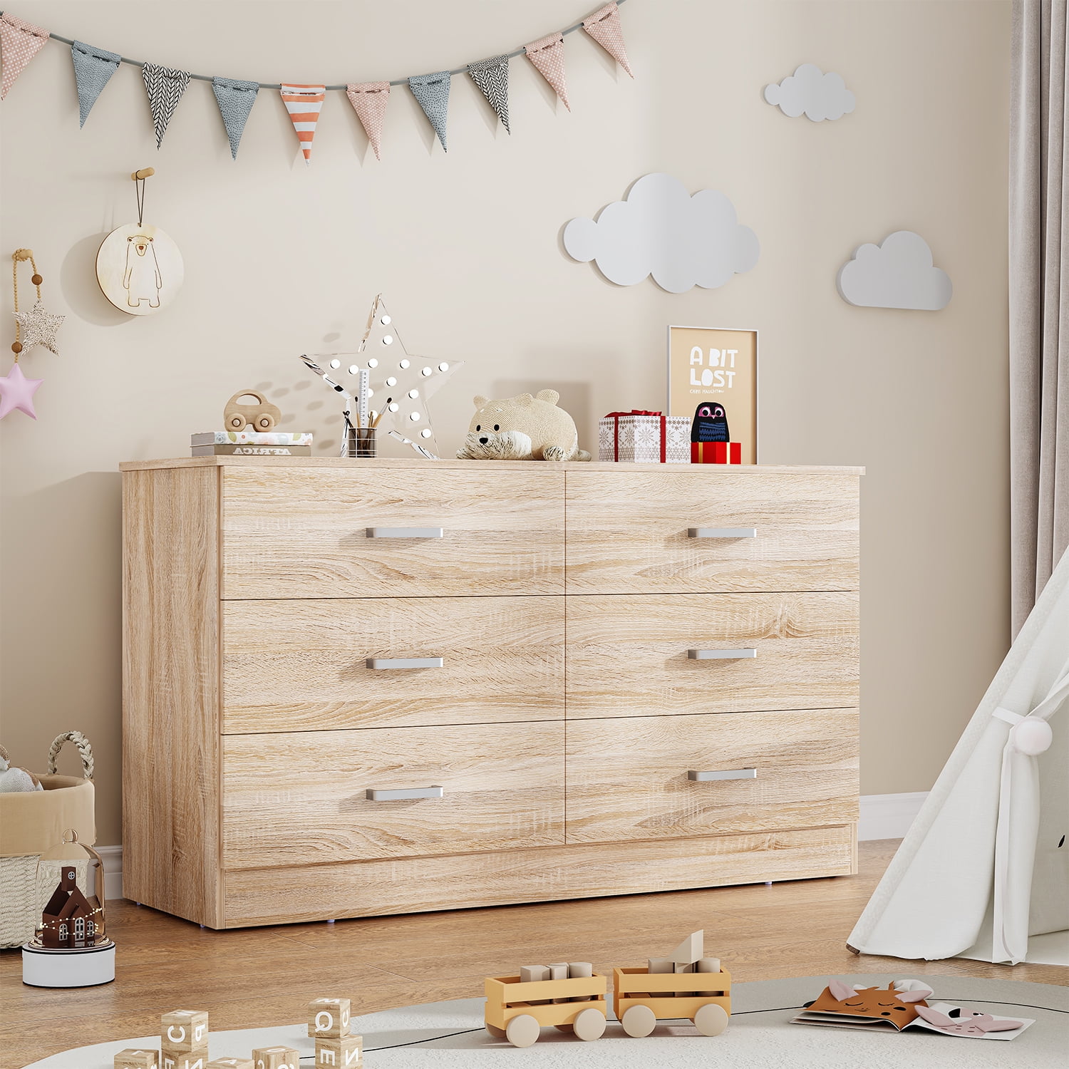 Frmobepts Wood Dresser for Bedroom, 6 Drawer Dresser, 15.8" D x 47.2" W x 27.7" H, Light Oak