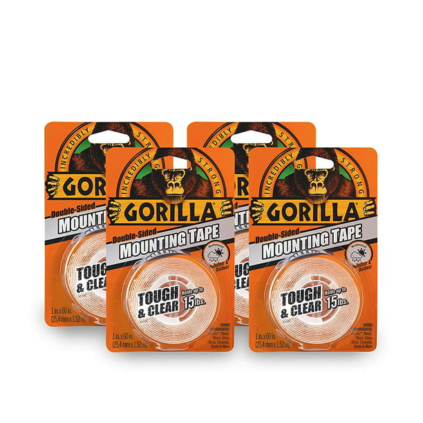 Gorilla Tough & Clear Double Sided Mounting Tape, 1 Inch x 60 Inches,  Clear, Pack of 4