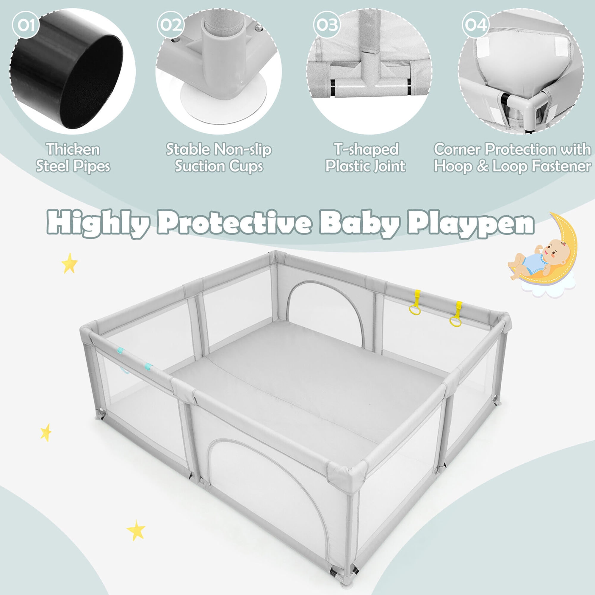 Gymax Extra Large Baby Playpen Safety Baby Play Yard w/ 50 Ocean Balls & 4 Handles Light Grey